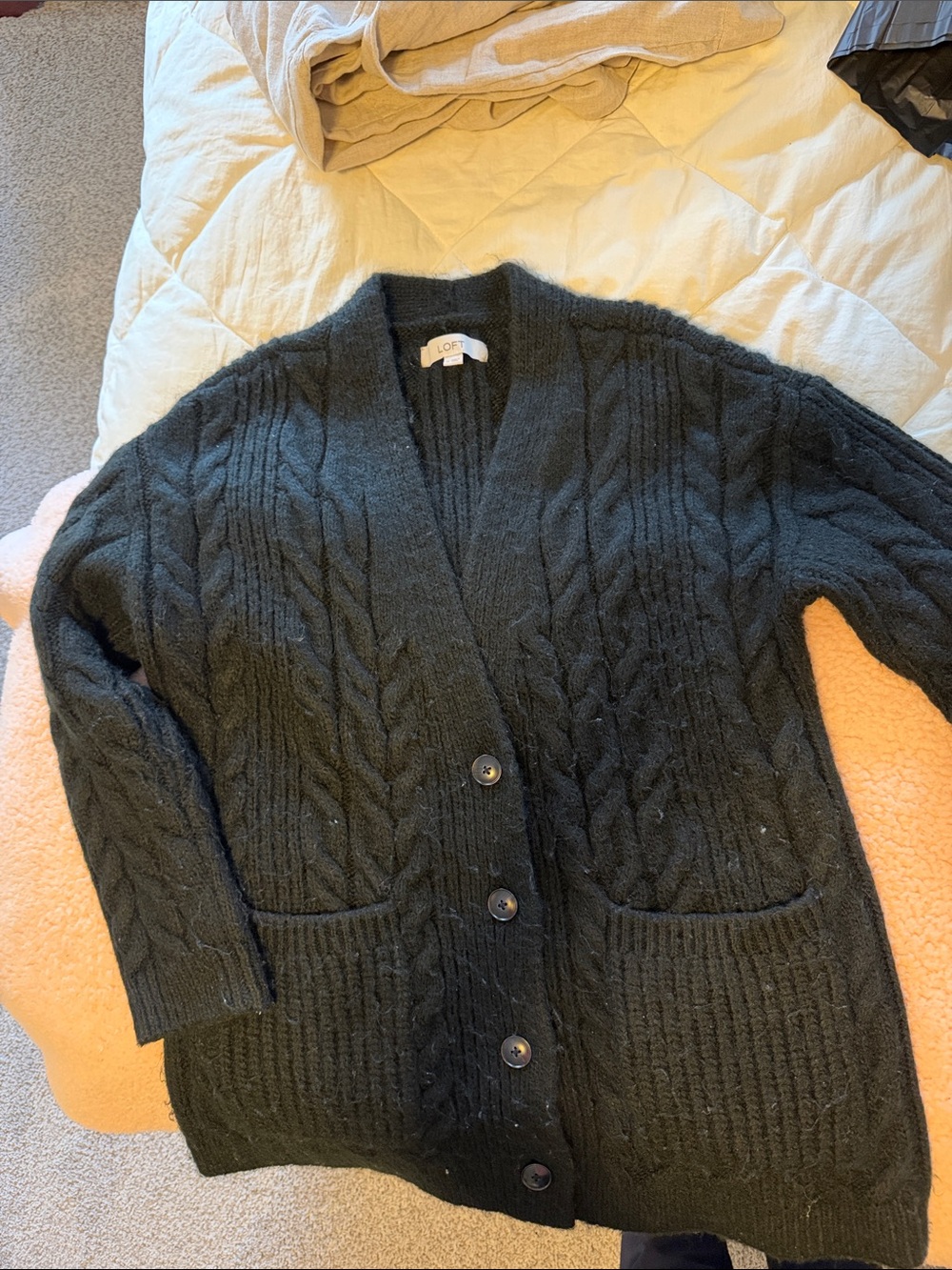 LOFT Black Cable Knit Button-Front Cardigan